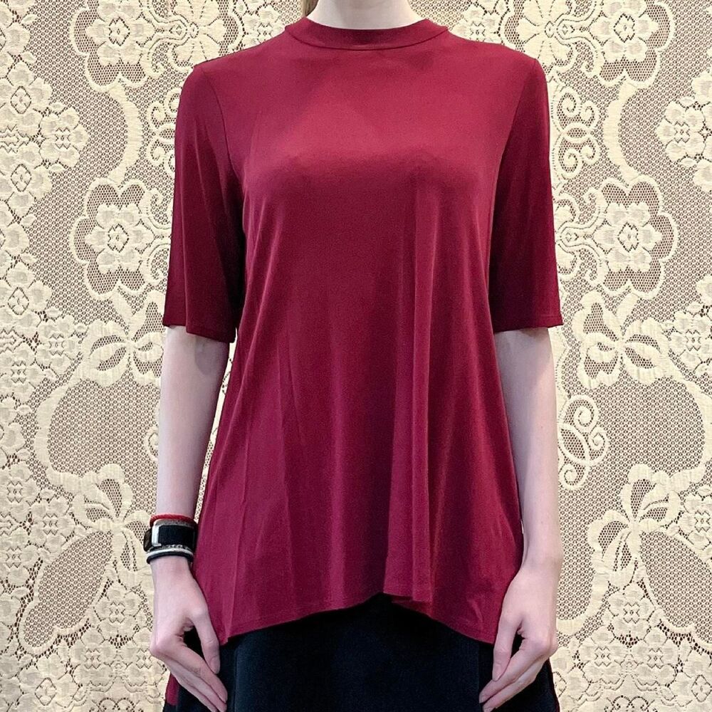 Eileen Fisher Burgundy Mock-Neck Half-Sleeve Stretch Silk Jersey Tunic Top